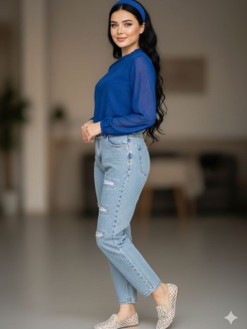 شلوار جین مام استایل زنانه آبی کد:7063